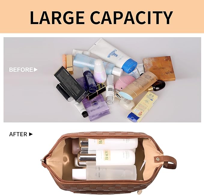 Abiudeng Large Capacity Makeup Bag Ladies Cosmetic Bag Travel Bag with Compartments Portable PU Leather Travel Makeup Bag with Handle