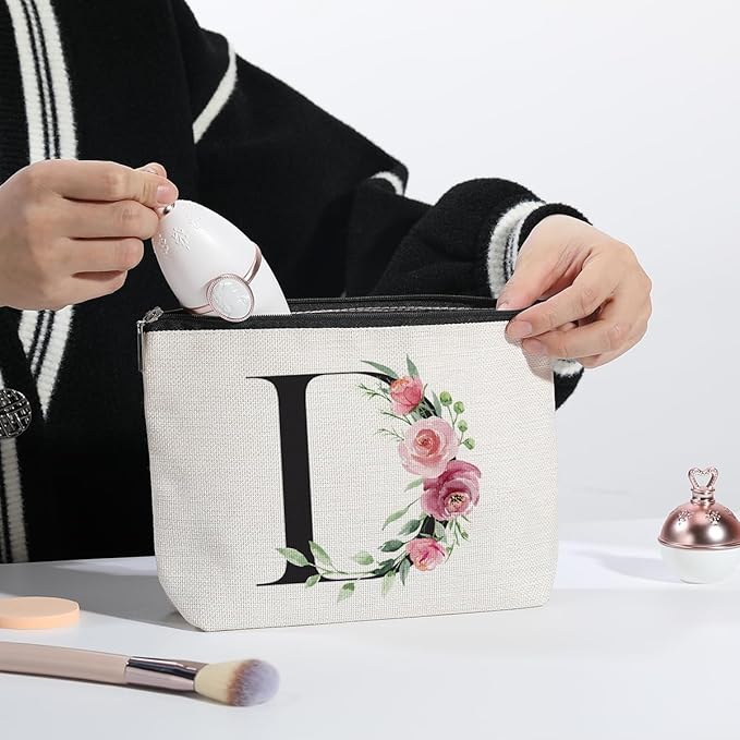 Initial Makeup Bag, Personalized Gifts for Women, Bridesmaid Gifts, Birthday Gifts for Women Mom, Gifts for Best Friend, Bride Bridesmaid Cosmetic bag (Letter D)