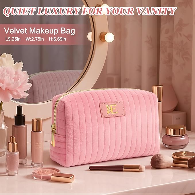 Monogrammed Make Up Bags for Women,Personalized Cosmetic Bags Women,Small Quilted Makeup Pouch,Cute Makeup Bag Travel,Birthday Gifts for Teen Girl (Pink E)