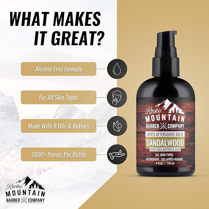Rocky Mountain Barber Company Aftershave Balm for Men – with Sandalwood Essential Oil, Coconut Oil and Shea Butter – Applies Easily - 4 oz