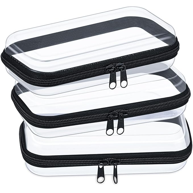 Hoolerry 3 Pcs Clear Hard Zipper Case Plastic Pouch Transparent Hard Case Clear Makeup Bag Portable Travel Organizer Bin for Cosmetics, Building Blocks, Puzzles(Black,S)