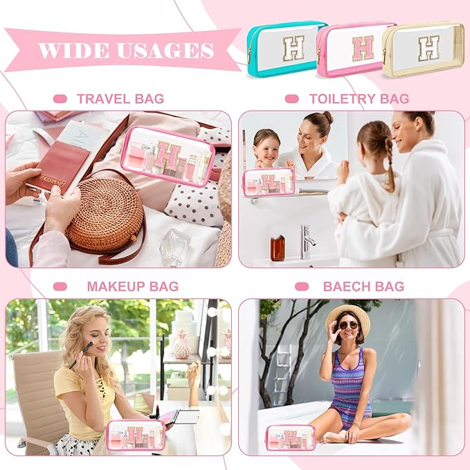 Personalized Initial Letter Clear Makeup Bag,Preppy Small Nylon&PVC Cosmetic Zipper Bag with Chenille Letter,Portable Beach Travel Skincare Toiletry Bag,Trendy Monogram Gift for Teen Girls Women,H