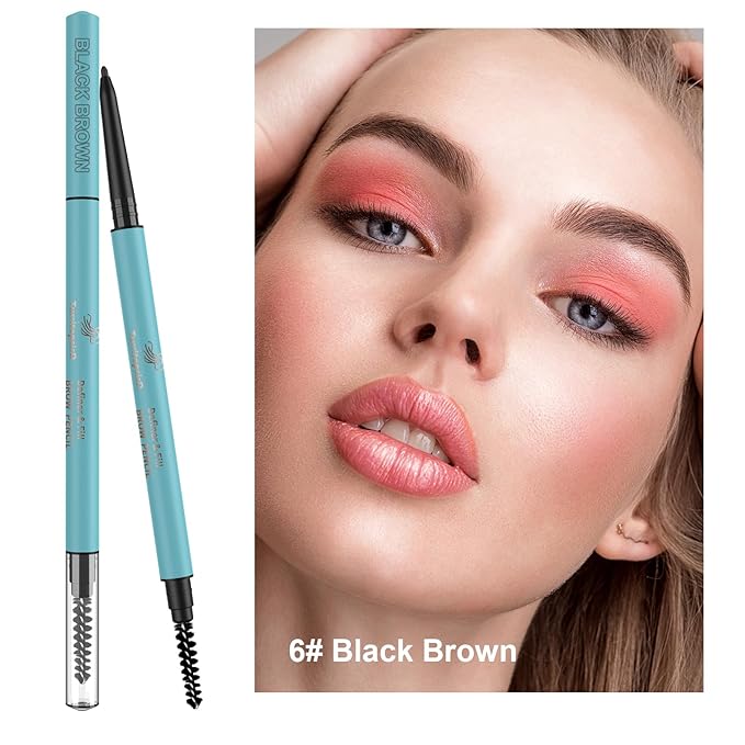 TurritopsisD Define & Fill Brow Pencil (2-Pack Black Brown) Eyebrow Pencil Pro Waterproof Smudge-proof Fine-Tip Very-thin Pen Built-in Spoolie Brush