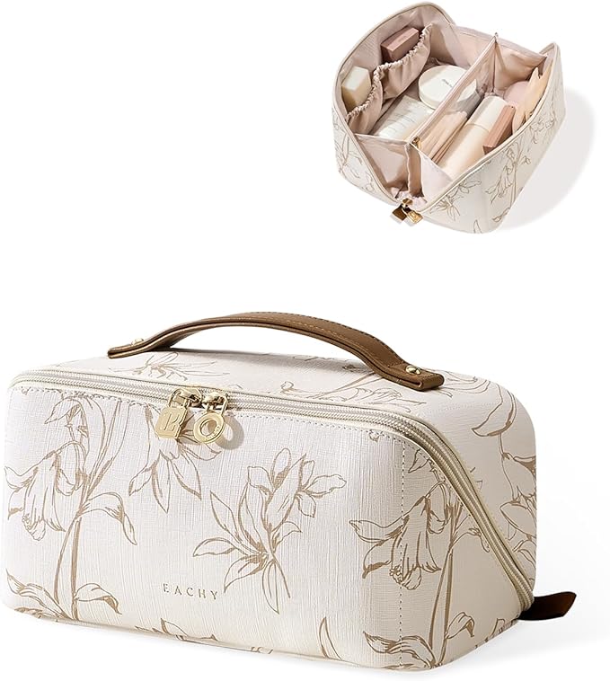 EACHY Travel Makeup Bag, Large Capacity Cosmetic Bags for Women, Waterproof Portable Pouch Open Flat Toiletry Bag Pattern Make up Bag (F-Beige)