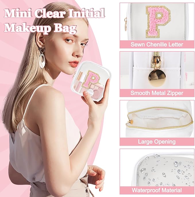 Mini Clear Personalized Initial Makeup Bag,Small Nylon Waterproof Zip Beach Cosmetic Pouch,Preppy A-Z Chenille Letter Patch Cute Coin Purse Travel Toiletry Bag Car Pack Bag for Women(White-Pink P)