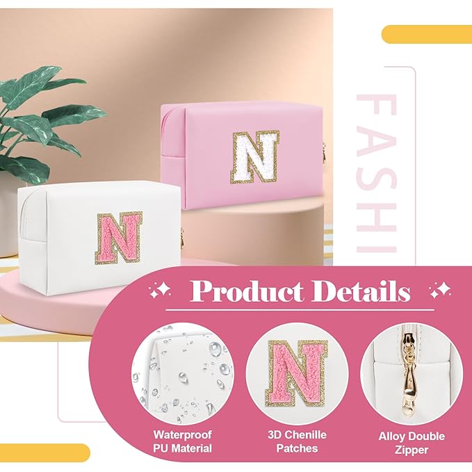 Personalized Makeup Bag Initial A-Z Preppy Patch Bag,Small PU Leather Travel Cosmetic Bag Pouch with Zipper,White Cute Toiletry Bag,Gift Ideal for Teen Girls Women Birthday Friend Mom,Letter N