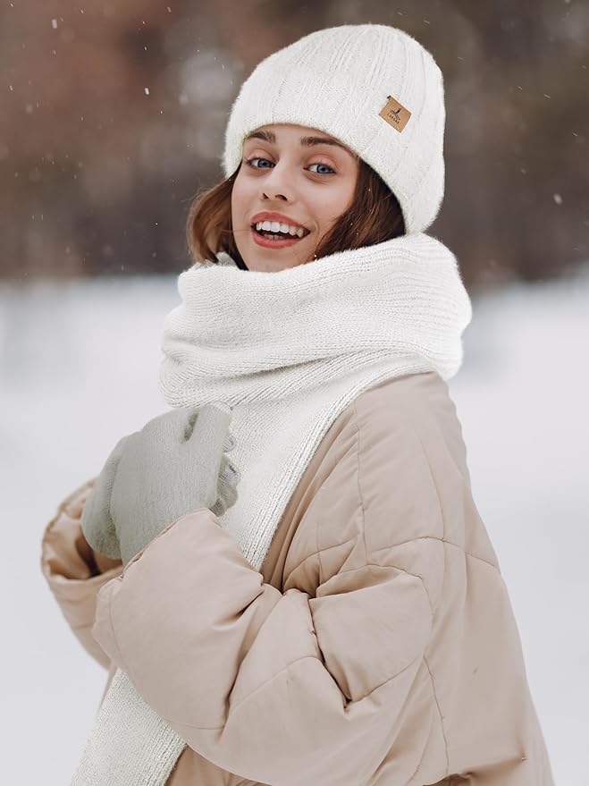 Winter Beanie Hat Scarf Gloves, Warm Fleece Knit Hat Long Scarf Neck Warmer Touch Screen Winter Gloves Set Gifts for Women