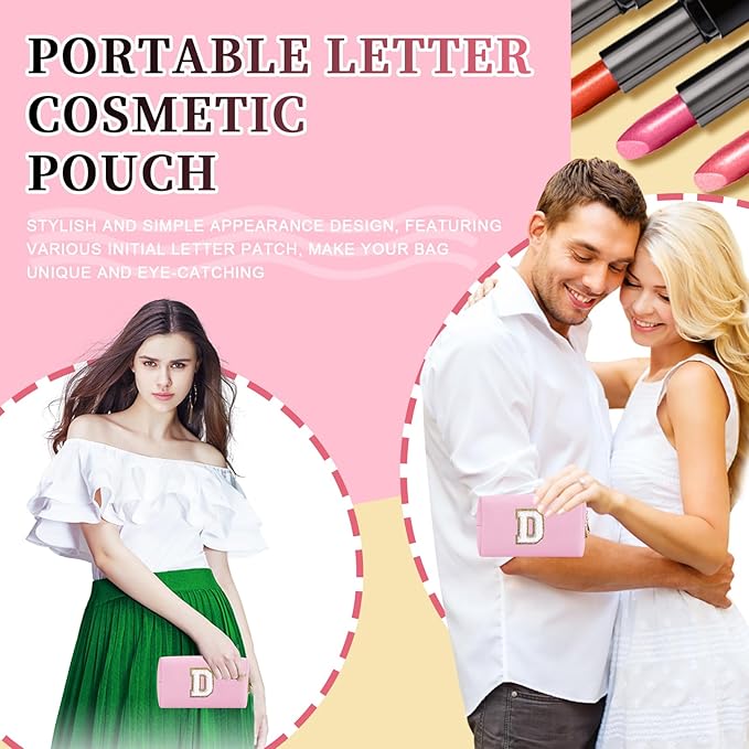 Iqimott Personalized Initial Letter Patch Makeup Bag, Preppy Portable Chenille Letter Cosmetic Bag with Zipper, PU Leather Waterproof Travel Toiletry Bag Monogram Make Up Pouch Girls(Letter D)