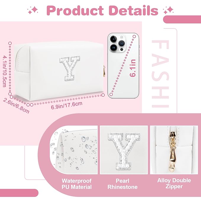 Bride Gifts – Personalized Initial Makeup Bag with Pearl Rhinestone Patch, Preppy White Monogram Cosmetic/Toiletry Pouch, bridesmaid Gifts, Bridal Shower Gifts, Wedding Gifts, Bridal Gifts,Y