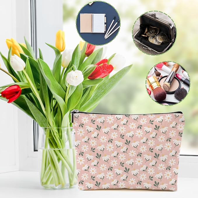 Vintage Daisy Flowers Makeup Bag Floral Cosmetic Bag Friend Friendship Gifts for Women Girls Sister Coworker Auntie Botanical Travel Organizer Zipper Pouch Christmas Thanksgiving Birthday Gifts