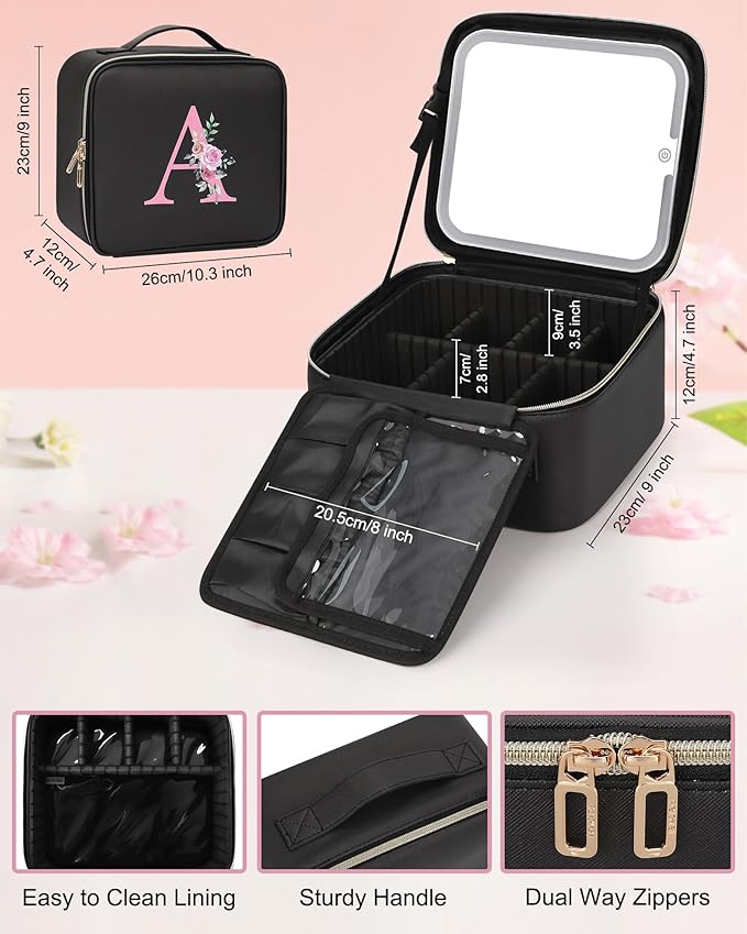 Relavel Initial Makeup Bag with LED Mirror for Women Girls, Personalized Travel Cosmetic Organizer Train Case, Birthday Gifts for Grandkids Bridesmaid Graduation Teacher Friends, Trendy Stuff, Black M