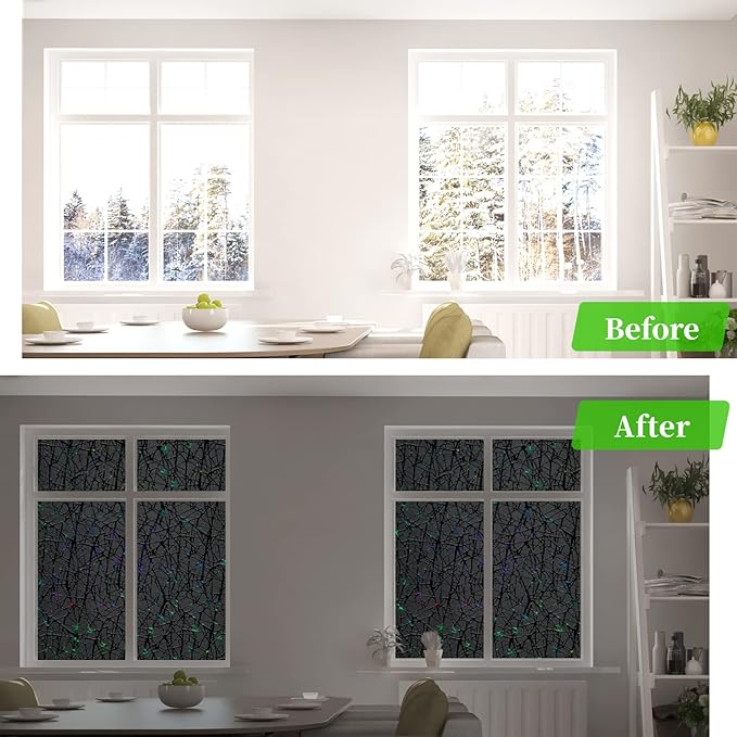 QHY Sunshine Total Blackout Window Film Privacy， Frosted Glass Window Film，Black Window Tint， No Glue， Detachable, no Marks, Suitable for Repeated use (Black, 35.4 in X 157.4 in)
