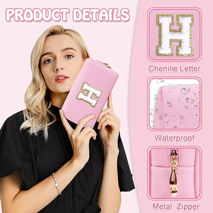 Personalized Chenille Letter Preppy Makeup Bag, Small Pink Travel Cosmetic Bag Initial Toiletry Zipper Pouch Monogram Makeup Storage, Waterproof PU Make Up Case Travel Essentials for Women(Letter H)