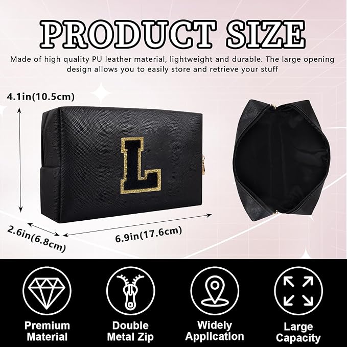 Personalized Initial Letter Patch Makeup Bag, Preppy Portable Chenille Letter Cosmetic Bag with Zipper, PU Leather Waterproof Travel Toiletry Bag Monogram Make Up Pouch for Women Girls(Letter L)