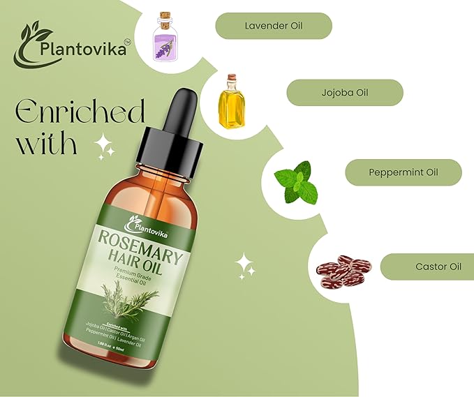 Rosemary Oil for Hair Growth, Enriched with Jojoba, Castor, Argan, Peppermint & Lavender Oils, Scalp & Hair Strengthening Treatment, 1.69 oz