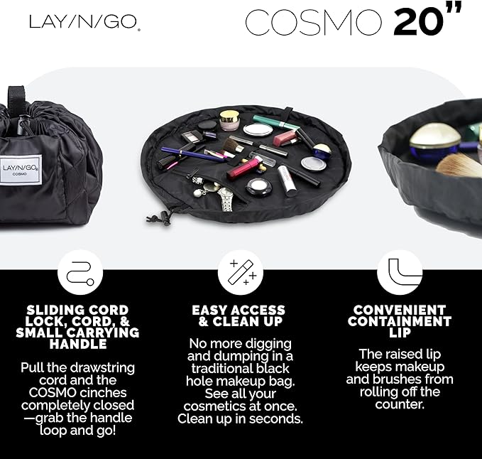 Lay-n-Go Cosmo Lay Flat Drawstring Cosmetic & Makeup Bag Organizer - Zipper Pocket, Brush Loops & Storage - Machine Washable, Toiletry Carrier for Travel, Cinch Closure, Gift (20", Sky Blue)