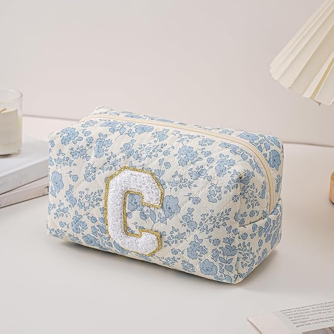 JOVAKIT Alphabet Makeup Bag Cosmetic Bag for Women, Christmas Gifts for Girls Age 6-18, Floral Flowers Coquette Travel Toiletry Zipper Make Up Pouch Organizer Trendy Stuff (2Pcs Blue Floral C)