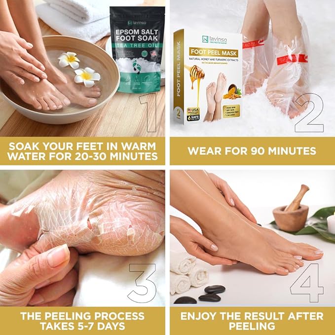 Lavinso Foot Peeling Mask Extra Strength - 2 Pack - Feet Mask for Dry Cracked Feet and Callus - with Honey and Turmeric