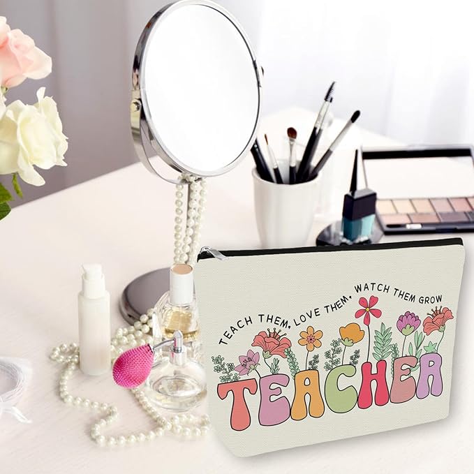 Teacher Appreciation Gifts Makeup Bag: Floral Themed Cosmetic & Toiletry Organizer Pouch For Women & Girls Teachers - Ideal Gift for Travel, Birthdays, Christmas, Teacher's Day, Thanksgiving Day.