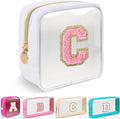 Mini Clear Personalized Initial Makeup Bag,Nylon Preppy A-Z Chenille Letter Patch Zipper Cosmetic Bag, Small Cute Beach Pouch Travel Purse Sanitary Napkin Storage Bag for Women Girls(White-Pink C)