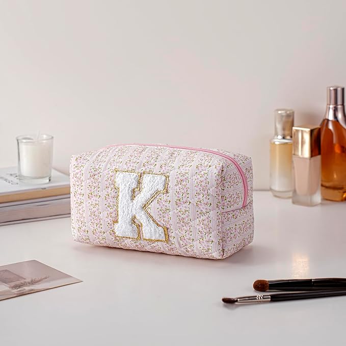 JOVAKIT Makeup Bag Cosmetic Bags for Women, Christmas Gifts for Girls Age 6-18, Alphabet Pink Floral Coquette Zipper Travel Makeup Pouch, Organizer Case Trendy Stuff (Pink+ Blue K)