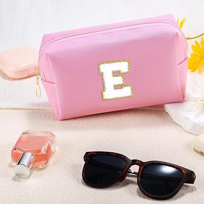 Initial Makeup Bag for Women Travel Small Cosmetic Bag Cute Pink Personalized Preppy Makeup Pouch for Purse Zippered Toiletry Organizer PU Leather Makeup Bag Makeup Case for Christmas（E）