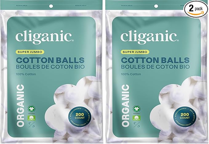 Cliganic Organic Super Jumbo Cotton Balls (200 Count) - Hypoallergenic, Absorbent, Large Size, 100% Pure (Packaging May Vary) (Pack of 2)