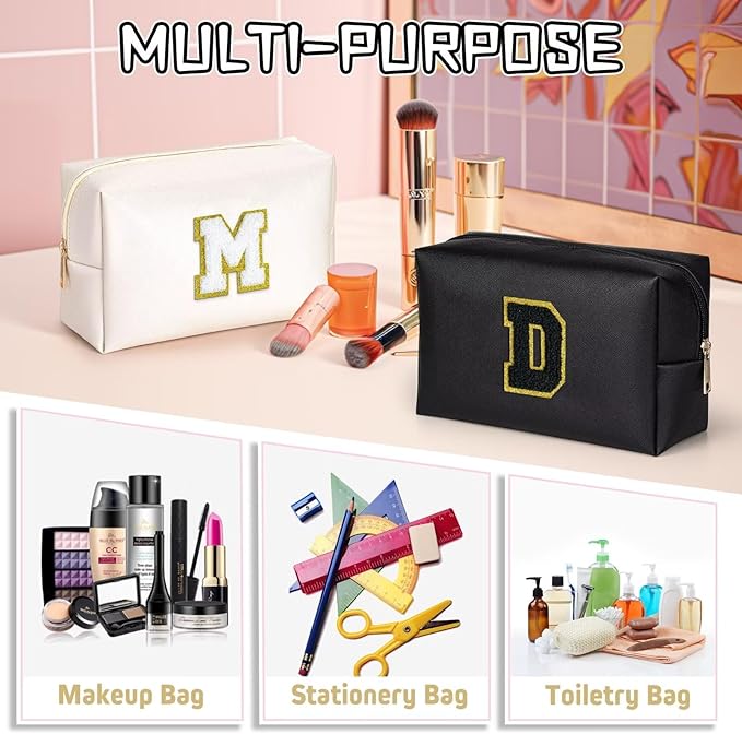 TOPEAST Personalized Makeup Bag, Chenille Letter Pouch Cosmetic Bag w Zipper, PU Leather Waterproof Toiletry Bag, Bridal Shower Gifts for Bridesmaids, Cute Stuff for Girls (Black P)