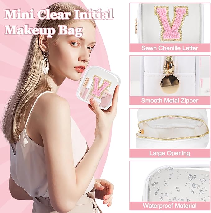 Mini Clear Personalized Initial Makeup Bag,Small Nylon Waterproof Zip Beach Cosmetic Pouch,Preppy A-Z Chenille Letter Patch Cute Coin Purse Travel Toiletry Bag Car Pack Bag for Women(White-Pink V)