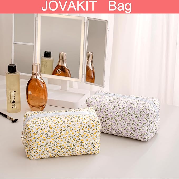 JOVAKIT Square Makeup Bag Cute Cosmetic Bag for Women, Floral Coquette Aesthetic Toiletry Bag, Zipper Make Up Pouch, Travel Make Up Organizer Bag (Purple Floral)