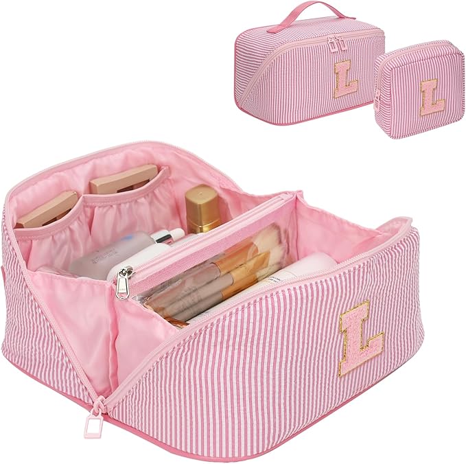 Travel Makeup Bag for Women, 2Pcs Portable Personalized Initial Makeup Organizer Bag, Open Flat Large Cosmetic Bag With Travel Essential Pouch (Pink Letter L)