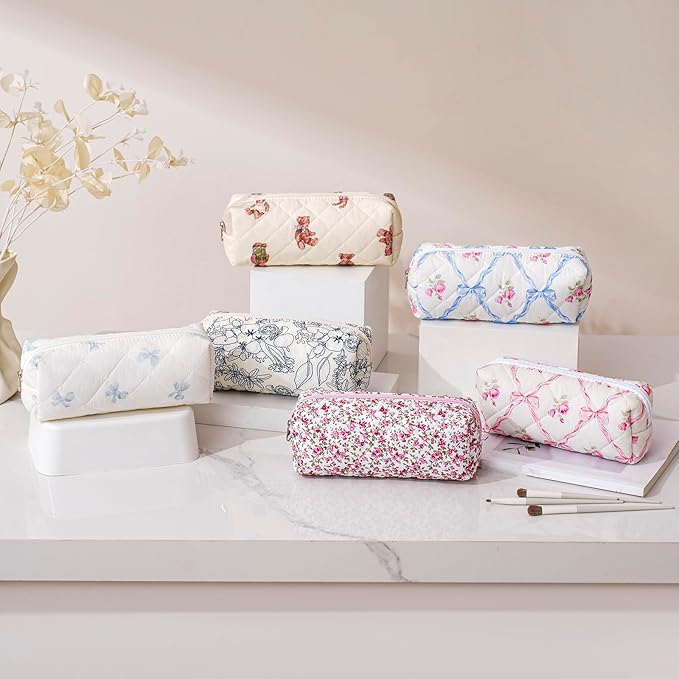 Cute Floral Cotton Makeup Brush Cosmetic Bag for Women, Travel Quilted Zipper Make Up Bag, Flowers Toiletry Organizer Case Kawaii Makeup Cosmetic Travel Cloth Pouch (Pink Bowknot)