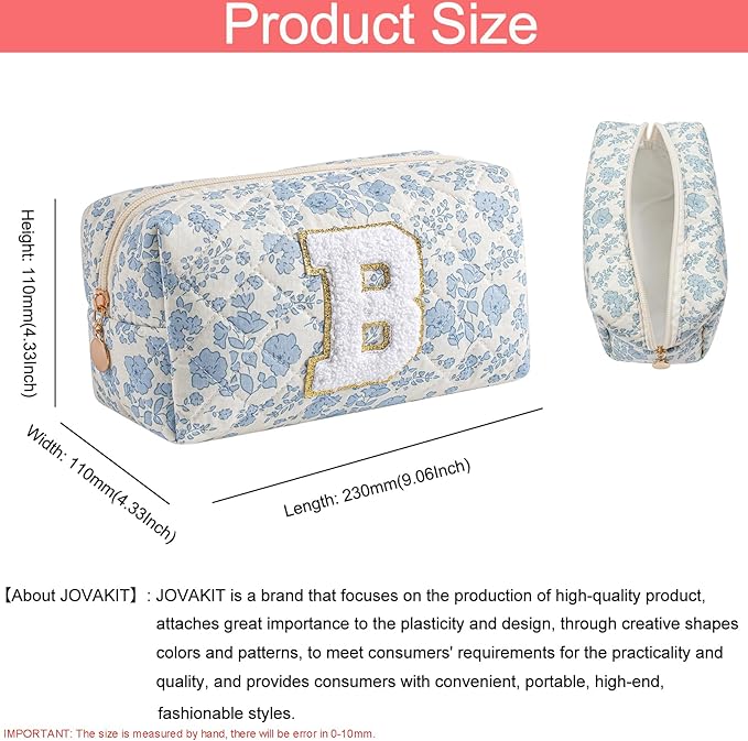 JOVAKIT Alphabet Makeup Bag Cosmetic Bag for Women, Christmas Gifts for Girls Age 6-18, Floral Flowers Coquette Travel Toiletry Zipper Make Up Pouch Organizer Trendy Stuff (Blue Floral B)