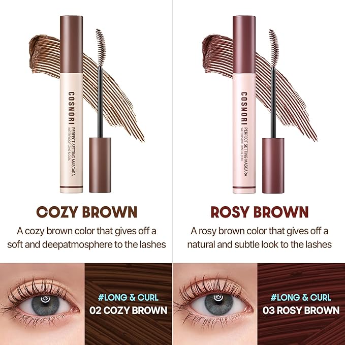 COSNORI Perfect Setting Waterproof Mascara Long&Curl 04 Deep Ash – Long-Lasting Smudge - Ash Brown Mascara - Korea Waterproof, Long lash, Strong fixing, Silk Amino Acids - 0.23fl oz (7ml)