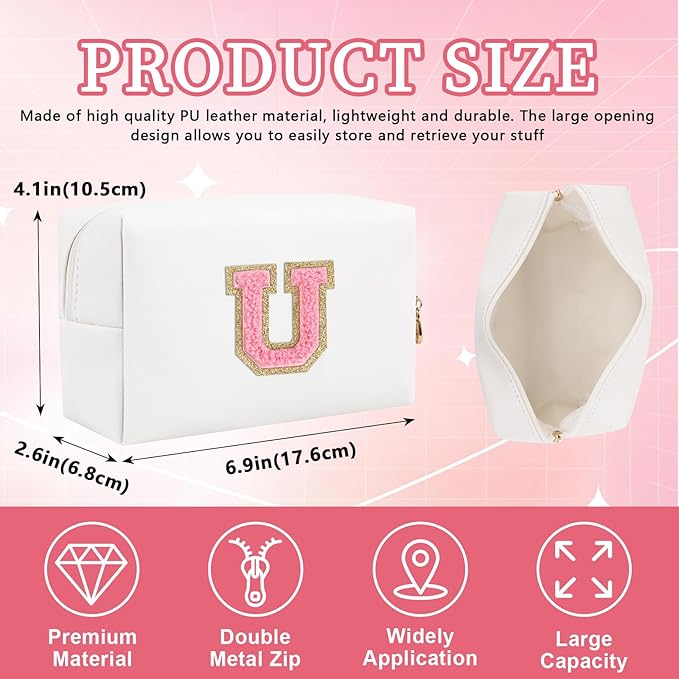 Personalized Initial Letter Patch Makeup Bag, Preppy Portable Chenille Letter Cosmetic Bag with Zipper, PU Leather Waterproof Travel Toiletry Bag Monogram Make Up Pouch for Women Girls(Letter U)
