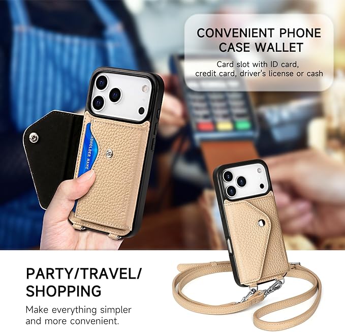 LUCKYCOIN Crossbody Wallet Phone Case for iPhone 17 Pro,100% Genuine Leather Wallet Phone Case with Expandable Flip Card Holder,Phone Purse for Women with Adjustable Removable Strap - Pebble Beige