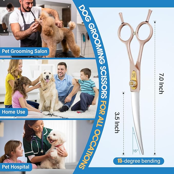 JASON Professional Dog Grooming Scissors - 7 Inch Curved Shear Japanese 440C Stainless Steel Dog Scissors with Diamond Screw, Rosegold, Sharp