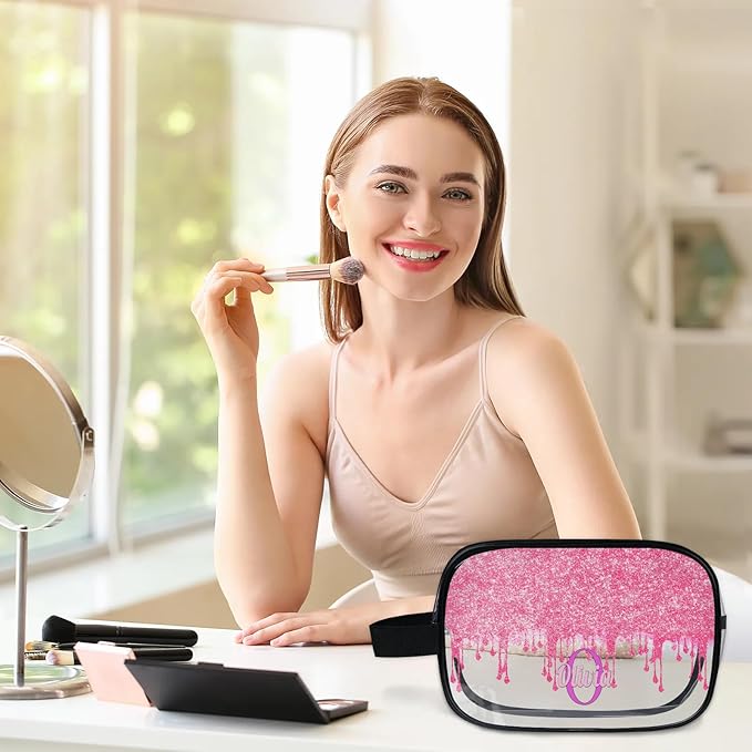 Customized Travel Makeup Toiletry Bag, PVC Transparent Waterproof Large Cosmetic Bag Makeup Shaving Bag Organizer Case, Hot Pink Curtain Glittery