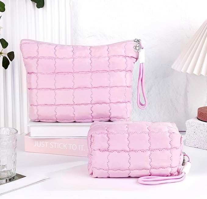 Richeart Makeup Bag Travel Toiletry Bag - Checkered Down Cotton Makeup Pouch for Women with Cosmetic and Pencil, Aesthetic Pink Design, Large