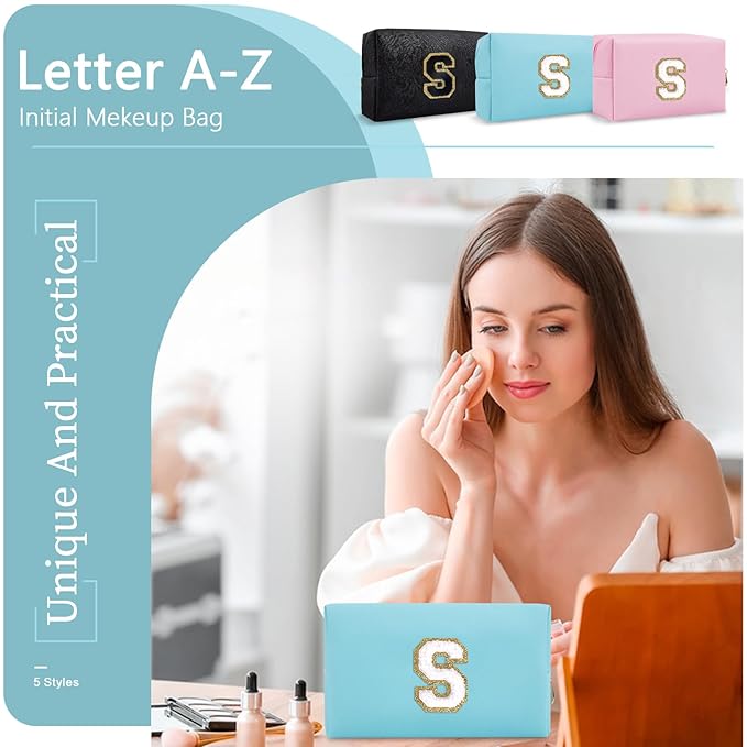 Small Personalized Initial A-Z Preppy Patch Makeup Bag,PU Chenille Letter Travel Cosmetic Pouch with Zipper,Blue Cute Toiletry Bag,Gift Ideal for Teen Girls Women Teacher Bridesmaid,Letter S