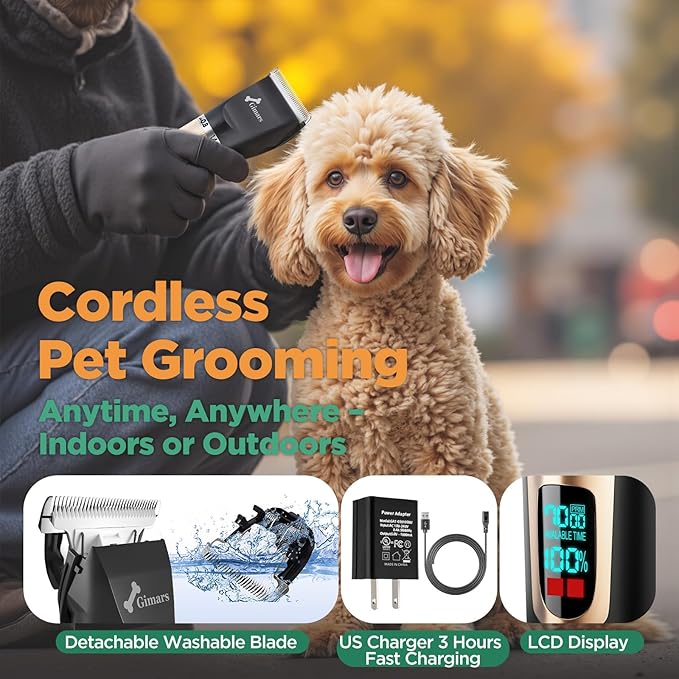 Gimars Cordless 4 Speed 7000rpm Dog Clippers with 6 in 1 4CR Stainless Steel Dog Grooming Scissors Kits, Low Noise 55db Rechargeable Pet Hair Thick Coat Trimmer Cat Shaver Clippers Kit for Cat Pet