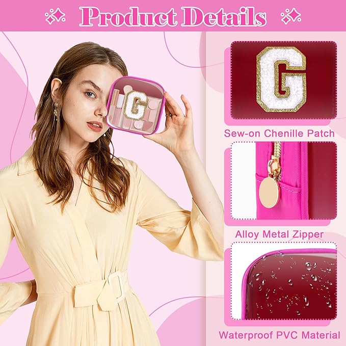 Personalized Initial Letter Clear Preppy Makeup Bag,Mini Nylon Chenille Letter Cosmetic Bag Cute Zipper Pouch Coin Purse for Teen Girls,Portable TSA Approved Travel Essentials Bag Gift for Women,G