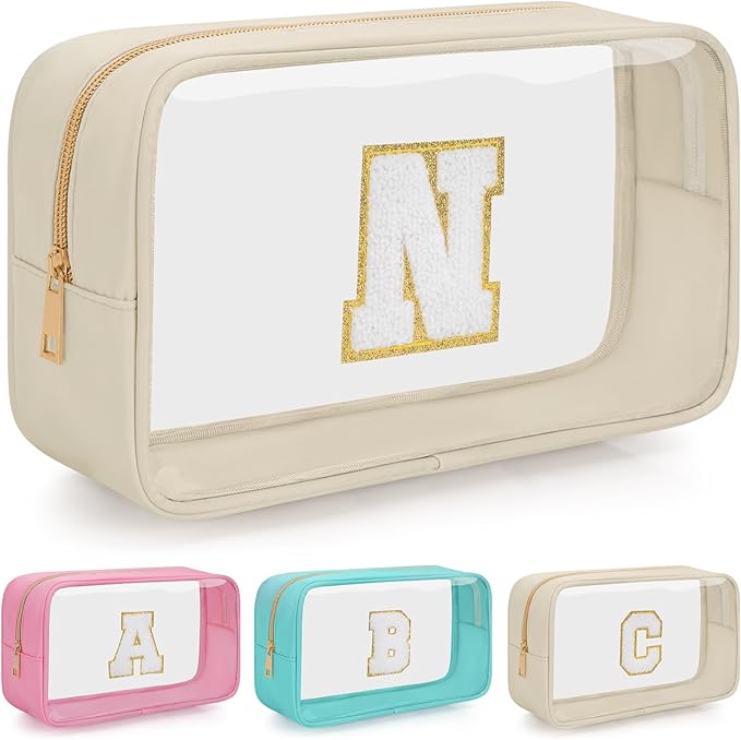 Personalized Initial Clear Makeup Bag, Travel Chenille Patch Cosmetic Bag, Preppy Toiletry Bag Monogram Cosmetic Pouch with Zipper, Ideal Gift for Teen Girls Women (Clear-Beige, N)