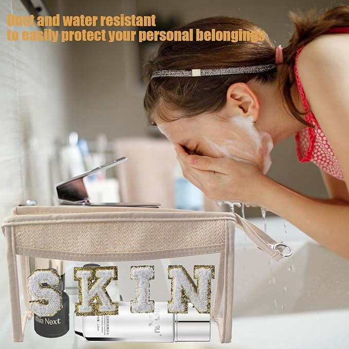 Clear Boho Patch Makeup Bag, Letter STUFF Cosmetic Bag, Transparent Travel Toiletry Bag, Waterproof Snacks Bag, Zipper Sunscreen Bag Gift for Women Girls (Stuff)
