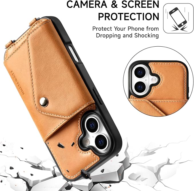 LUCKYCOIN Crossbody Wallet Phone Case for iPhone 17,100% Genuine Leather Wallet Phone Case with Expandable Flip Card Holder,Phone Purse for Women with Adjustable Removable Strap - Brown