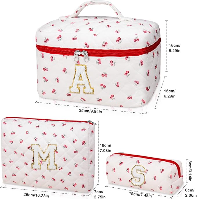 Initial Makeup Bag Set, Personalized Quilted Makeup Bag, Large Floral Cosmetic Bag for Women, Cute Cotton Custom Make up Bags, Flower Travel Toiletry Bag Teen Girl Gift Trendy Stuff Gift Red Cherry M