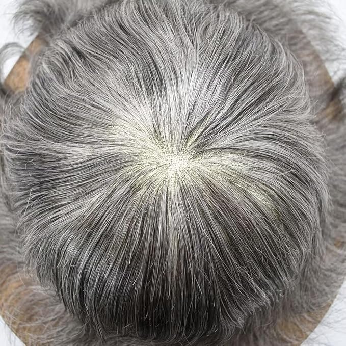 FACE MIRACLE Toupee for Men Lace Center Mens Toupee Hairpiece for Man Human Hair Replacement System Lace Center with Poly around Hair Units Mens Wig Hair Prosthesis 6"X9" #1B60 Off Black with 60% Gray