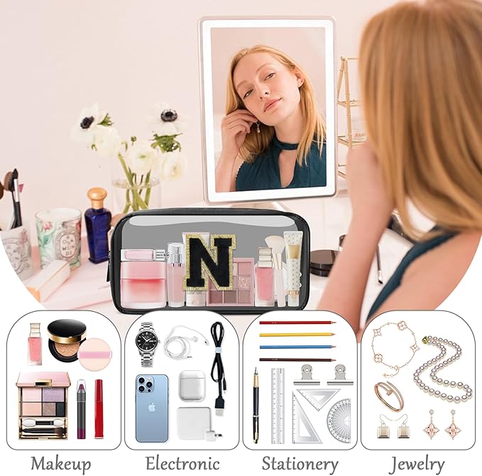 Personalized Initial Letter Clear Makeup Bag,Preppy Small Nylon&PVC Cosmetic Zipper Bag with Chenille Letter,Travel Skincare Toiletry Bag,Monogram Christmas Gift for Teen Girls Women,N