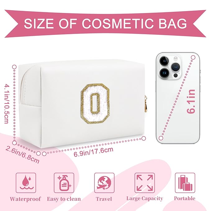 Small Personalized Initial A-Z Preppy Patch Makeup Bag,White PU Chenille Letter Travel Cosmetic Pouch with Zipper,Cute Toiletry Bag,Gift Ideal for Teen Girls Women Teacher Bridesmaid,Letter O