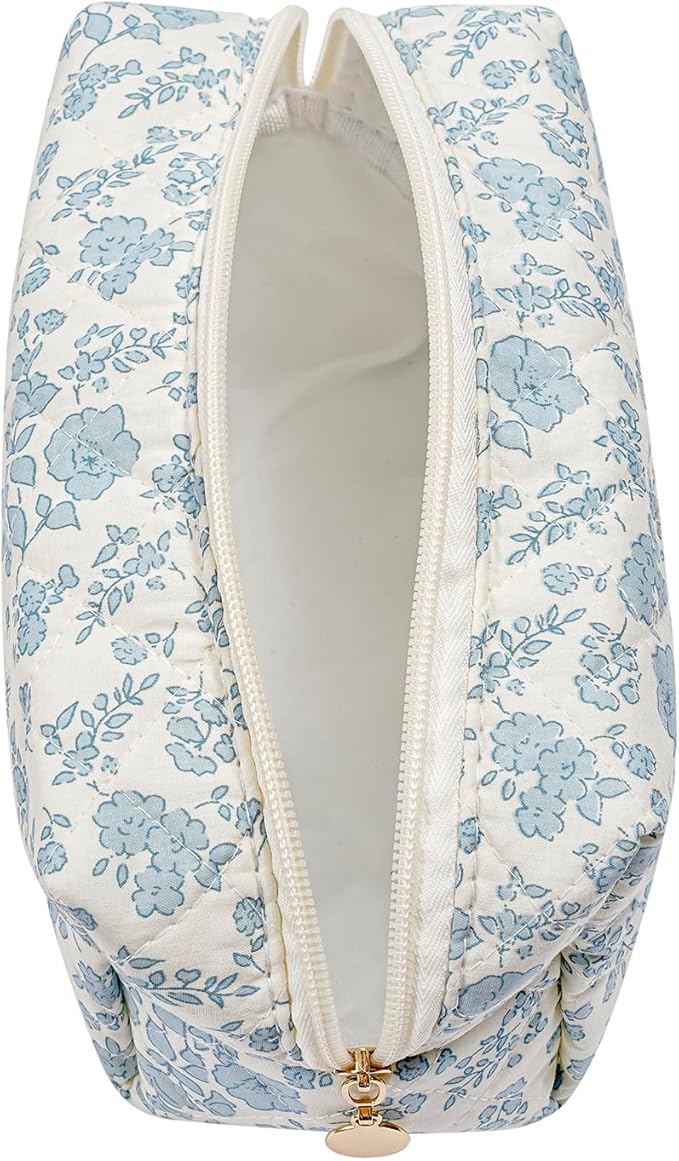 JOVAKIT Square Makeup Bag Cute Cosmetic Bag for Women, Floral Coquette Aesthetic Toiletry Bag, Zipper Make Up Pouch, Travel Make Up Organizer Bag (Blue+Navy Blue Floral)